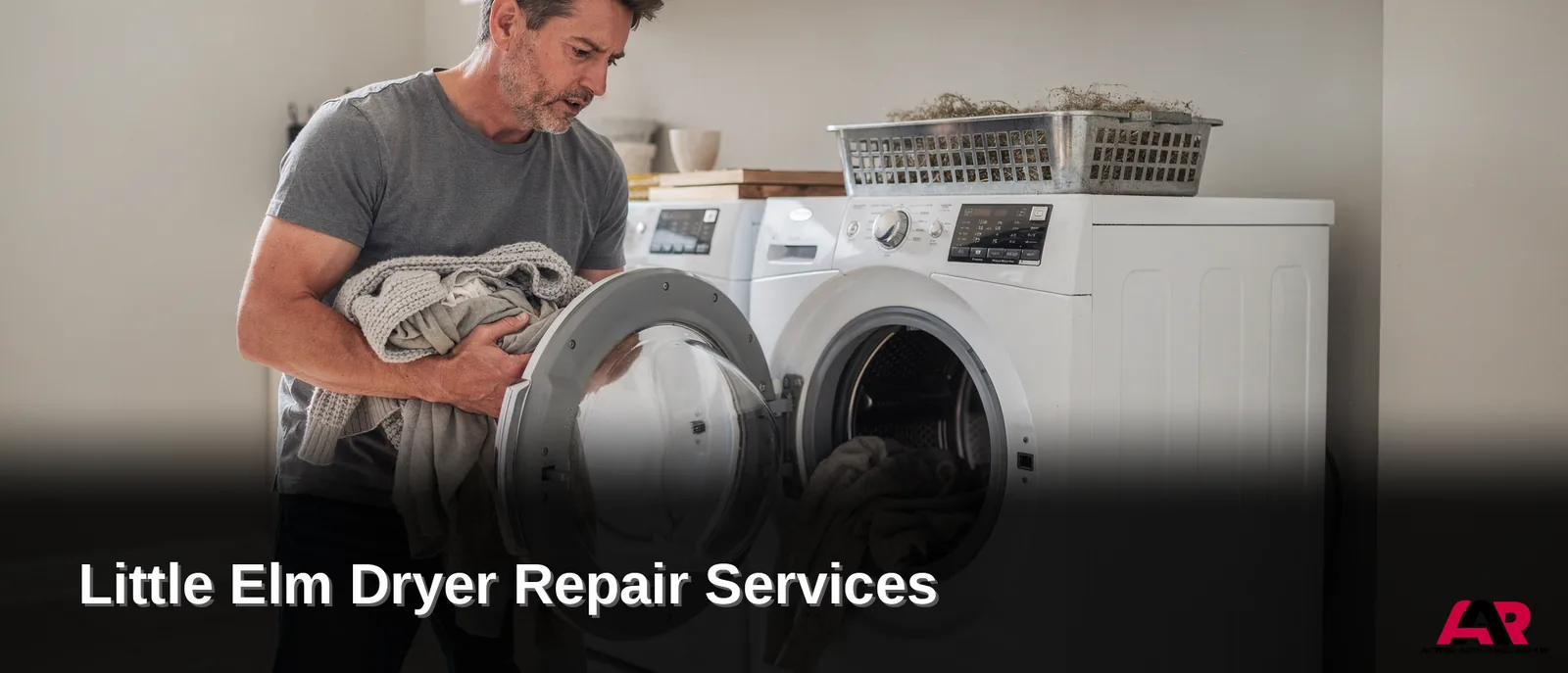 Appliance technician inspecting dryer with laundry, North Texas dryer repair services.