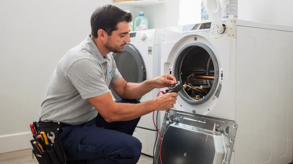 Dryer repair technician inspecting internal components of a washing machine in North Texas home.