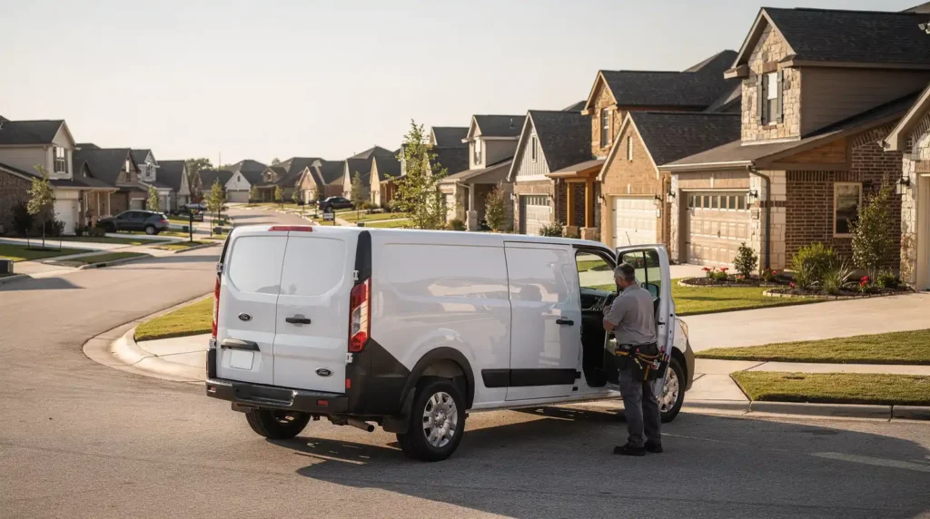 Action Appliance Repair van and technician in a North Texas residential neighborhood.