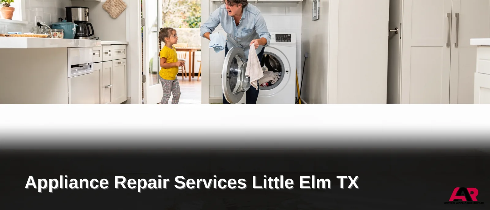 Woman and child near washing machine, appliance repair services in Little Elm, Texas.