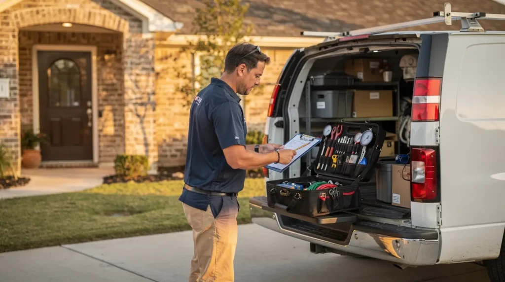 Appliance repair technician with stocked van in Little Elm, Texas, ready for first-time fixes in