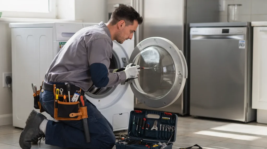 Appliance repair technician servicing a washing machine in a Little Elm kitchen, tools and parts