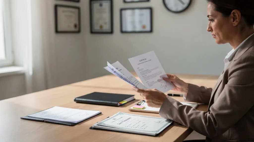 Woman reviewing appliance repair documentation and credentials in North Texas office.