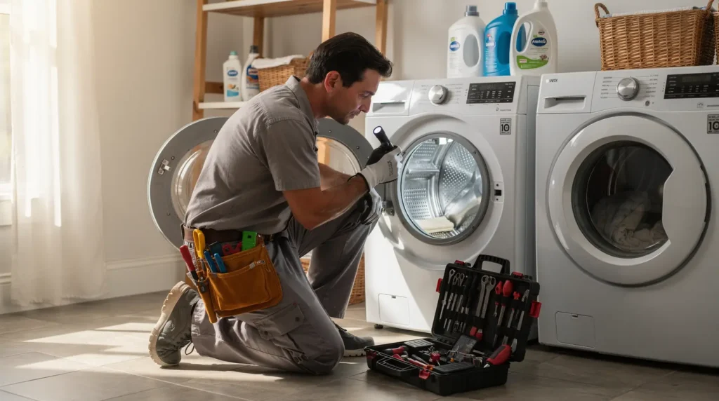 Appliance repair technician inspecting washing machine, tools and parts for same-day service in North Texas.