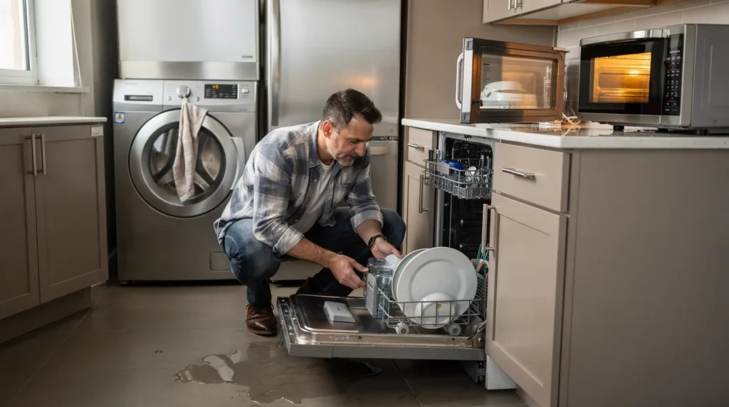 Technician inspecting dishwasher in kitchen, demonstrating appliance repair services in North Texas.