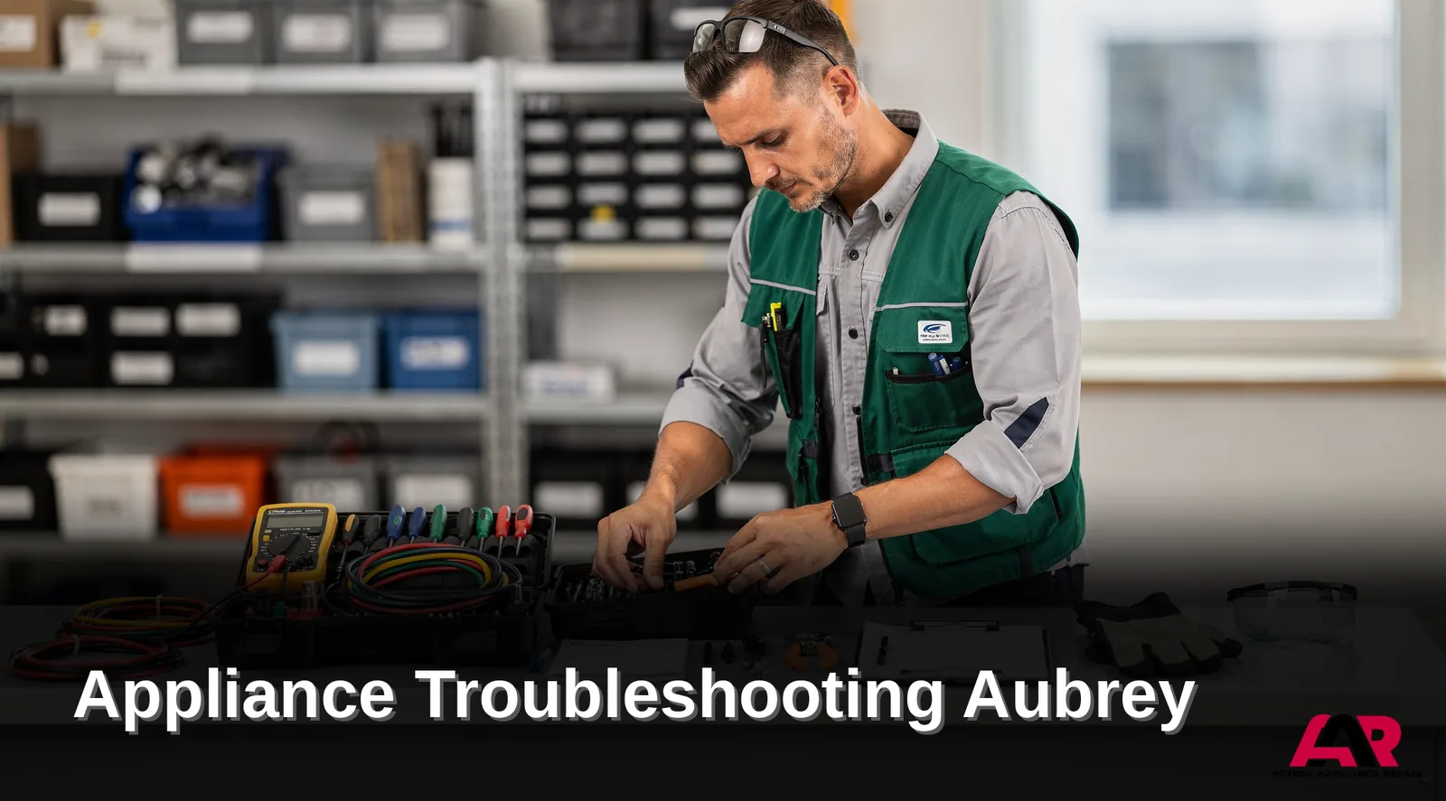 Appliance repair technician with tools diagnosing appliance issues in North Texas.
