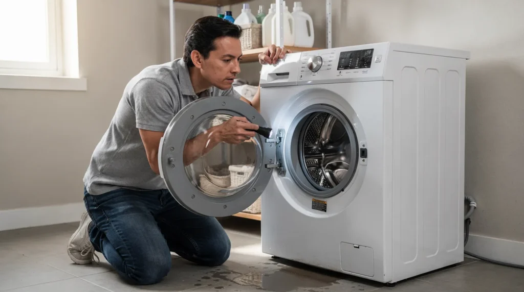 Man inspecting washing machine troubleshooting appliance issues in North Texas home.