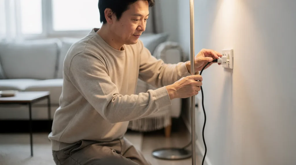 Man checking electrical outlet for appliance troubleshooting in a home.