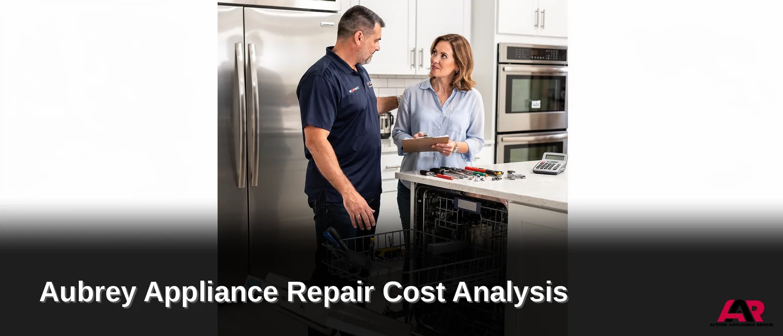 Appliance repair technician and homeowner discussing repair costs and diagnostics in North Texas kitchen.