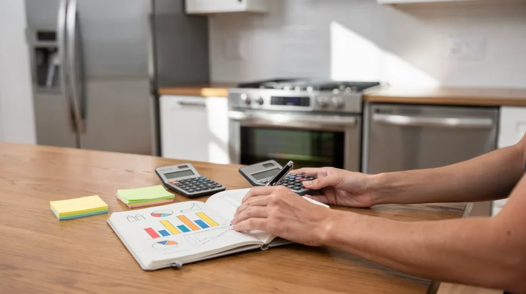 Appliance repair cost analysis with calculator and notebook in a kitchen setting.