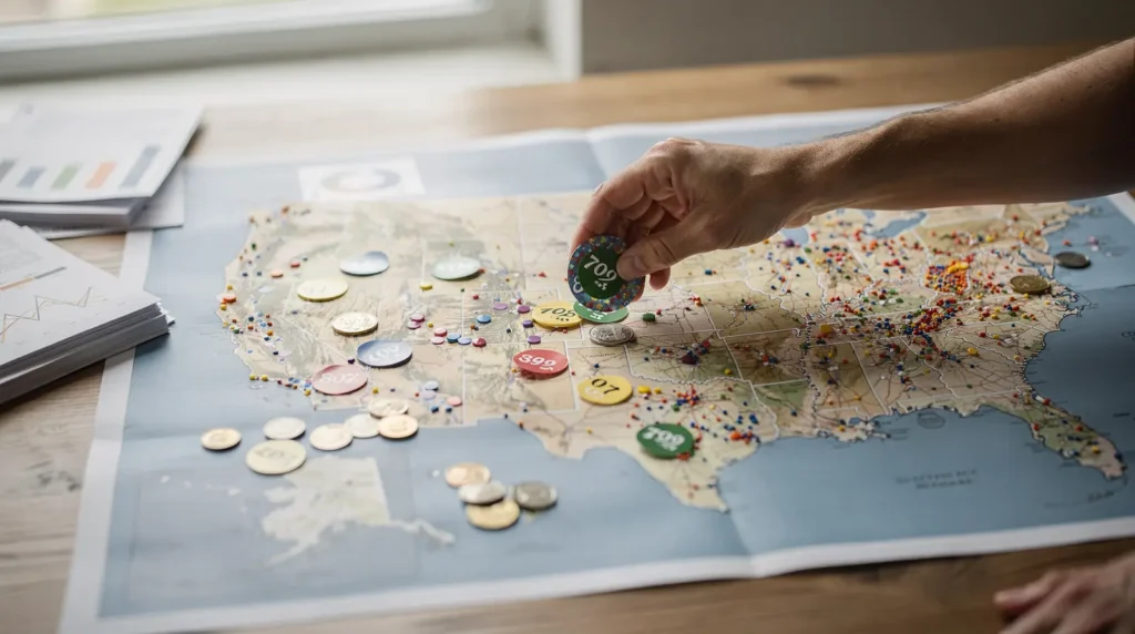 Appliance repair cost analysis map of the United States with pins and coins illustrating regional