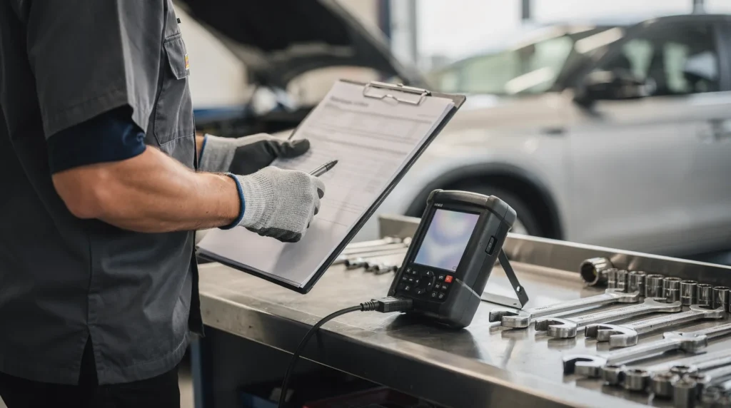 Appliance repair technician reviewing diagnostics on clipboard and using diagnostic tool in North Texas service
