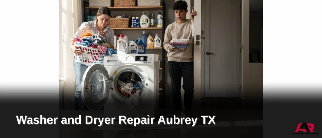 Family with laundry basket and dryer in home, washer and dryer repair in Aubrey, TX.