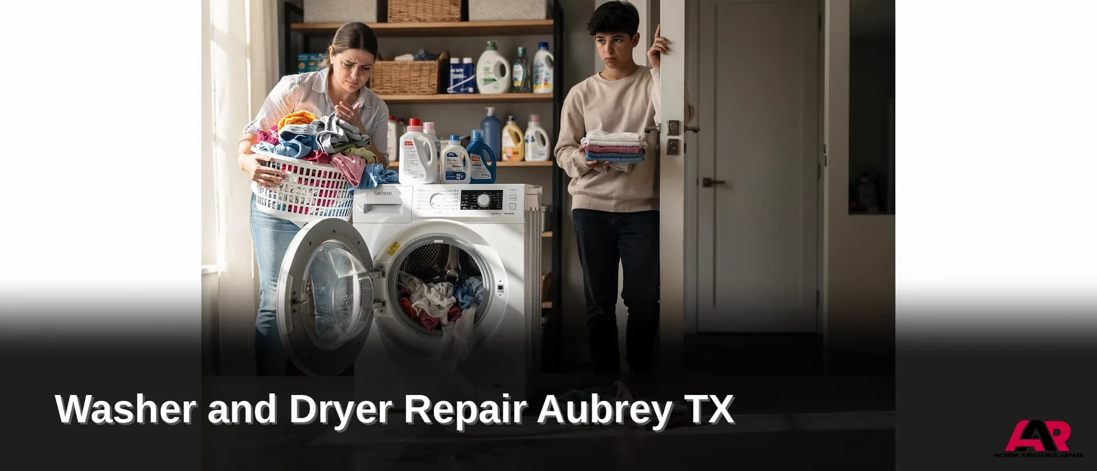 Family with laundry basket and dryer, washer repair in Aubrey, Texas.