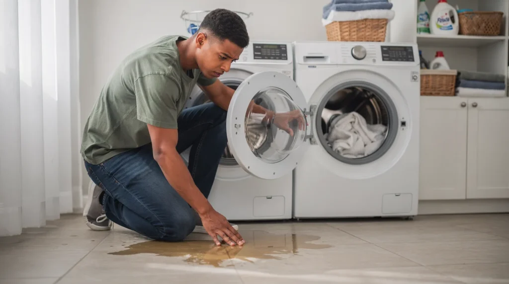 Man inspecting washing machine with water pooling, common washer repair issue in North Texas.