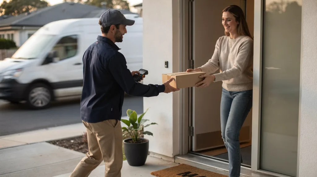 Appliance repair technician and homeowner exchanging parts for same-day service in North Texas.