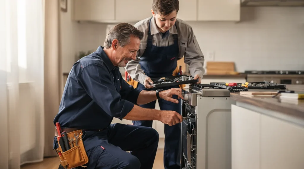 Appliance repair technician and homeowner inspecting washing machine components in a North Texas kitchen.