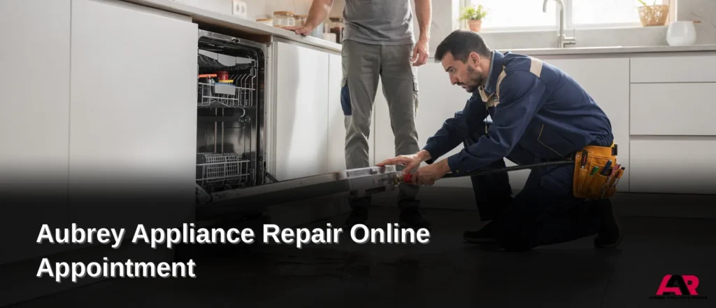 Appliance repair technician inspecting dishwasher in Aubrey kitchen, Action Appliance Repair service.