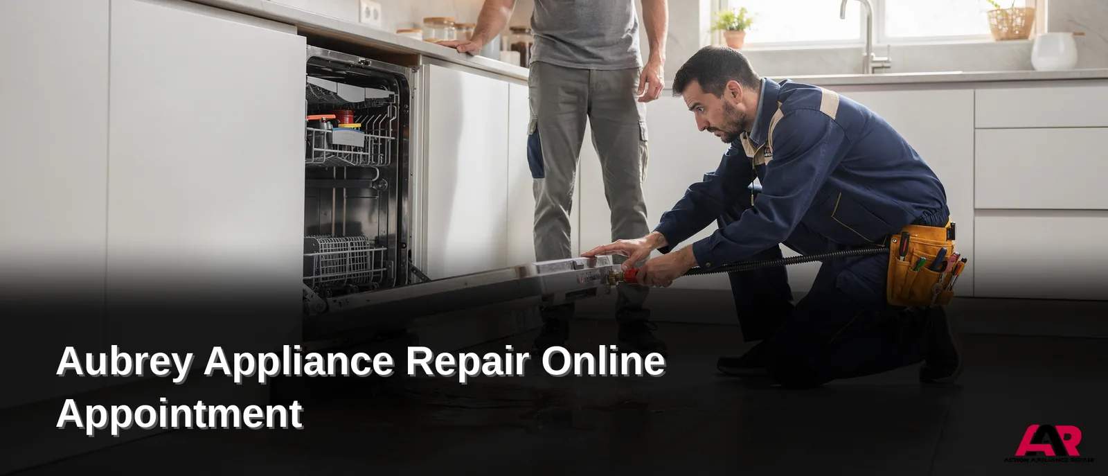 Appliance repair technician servicing dishwasher in Aubrey kitchen, online appointment scheduling.
