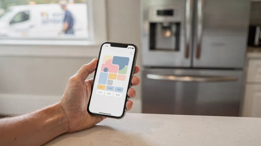 Hand holding smartphone displaying online appointment scheduling for appliance repair in North Texas.