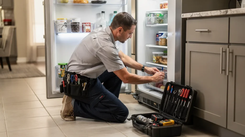 Appliance repair technician inspecting refrigerator, tools and parts for same-day service in North Texas.