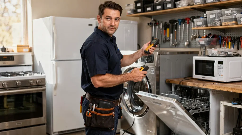 Appliance repair technician with tools diagnosing refrigerator, washer, and oven in North Texas workshop.