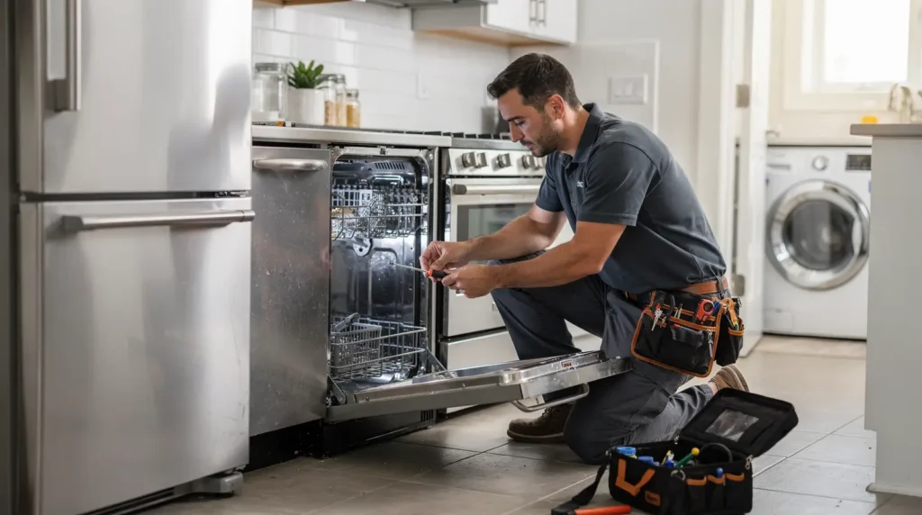 Coverage spans washers, dryers, refrigerators, freezers, ovens, ranges, dishwashers, and dryer vent cleaning.; Technicians