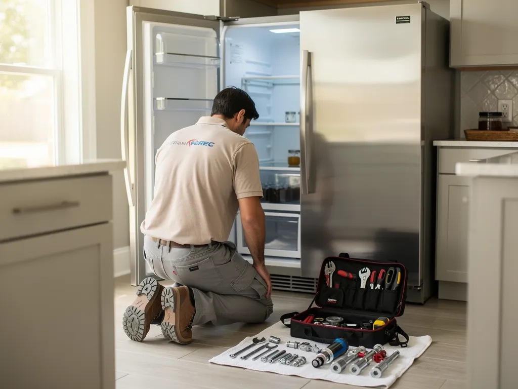 Technician repairing a refrigerator in a Northlake home kitchen